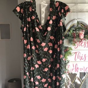 Forest Green Mid Length Dress with Pink Flowers